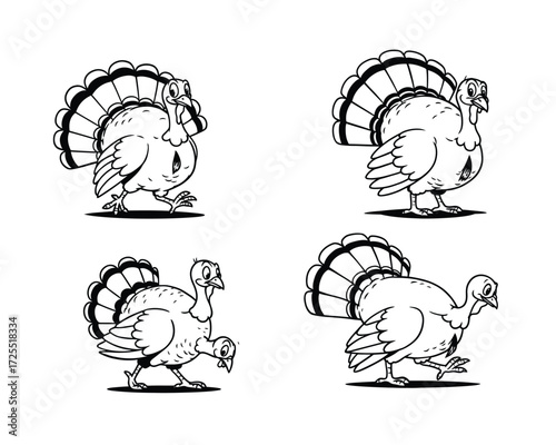 Four hand drawn outline illustrations of turkeys in different poses celebrating autumn and thanksgiving holiday season