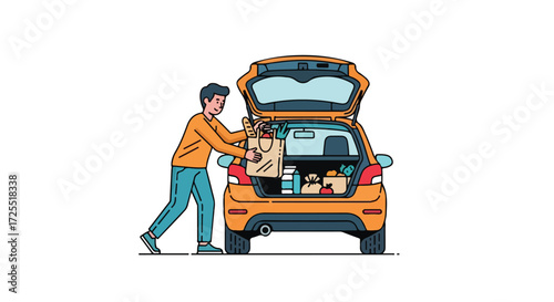 Illustrative Depiction of a Man Loading Groceries into Car Trunk After Shopping Trip Portraying Daily Life Scene