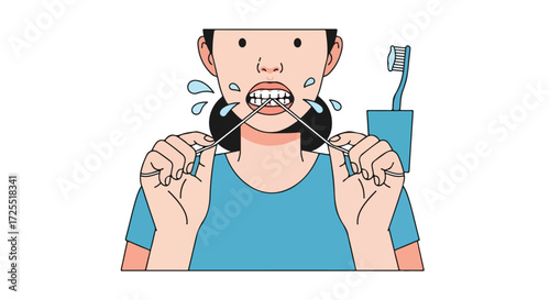 Dental Hygiene Illustration: A Woman Flossing Her Teeth as Part of Daily Oral Care Routine for Healthy Gums and a Sparkling Smile