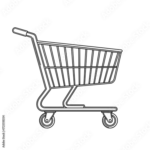 Shopping Cart: A minimalistic line art rendering of a shopping cart, perfect for illustrating retail, commerce, and everyday shopping themes.