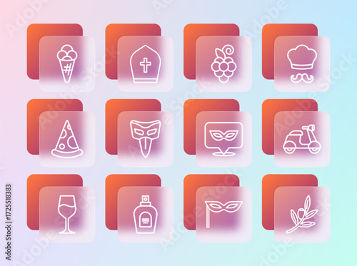 Set line Italian cook, Perfume, Carnival mask, Grape fruit, Ice cream in waffle and Pope hat icon. Vector
