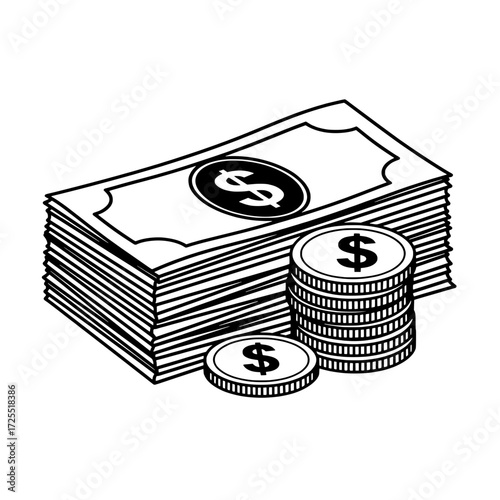 Financial illustration: A monochrome financial illustration, featuring a stack of banknotes and a pile of coins, symbolizing wealth and financial stability, perfect for conveying concepts of money.