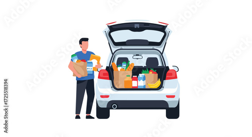 Unloading groceries from a car trunk, illustrating convenience and modern lifestyle after shopping at a store or supermarket