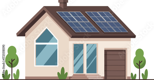 Modern eco-friendly house with solar panels on roof for sustainable energy and green living isolated on transparent background