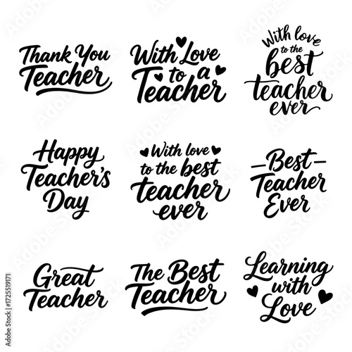 Vector typography set with teacher appreciation quotes, lettering design for cards, posters, stickers, and Teacher s Day decoration.