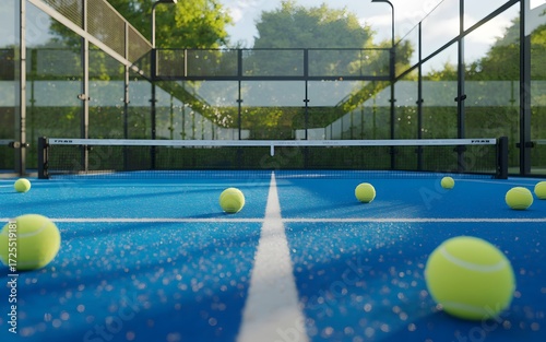 Professional padel training court with scattered tennis balls and stunning depth of field