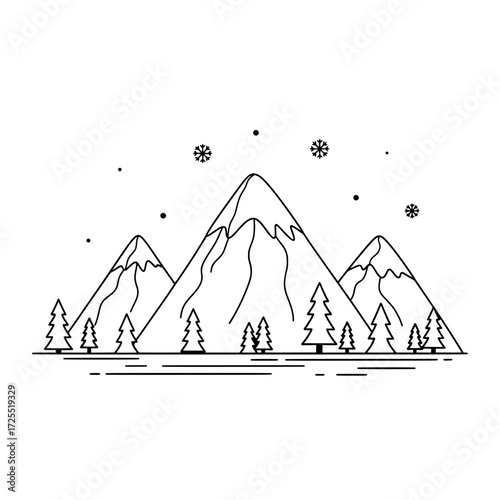Monochromatic Mountain Majesty: A simple yet stunning illustration of a mountainous landscape, featuring bold lines and intricate details, showcasing nature's grandeur in stark, elegant simplicity.