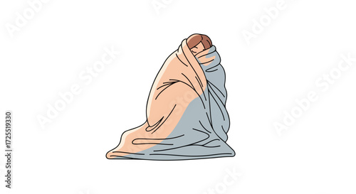 Isolated woman wrapped in a comforting blanket, seeking warmth and solace against a white background conveying relaxation and introspection