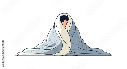 Enveloped in Comfort: A Stylized Depiction of Solitude and Warmth in a Cozy Blanket Cocoon illustration