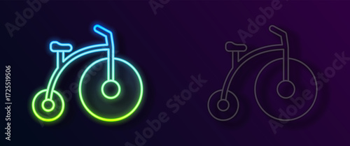 Glowing neon line Vintage bicycle with one big wheel and one small icon isolated on black background. Bike public transportation sign. Vector