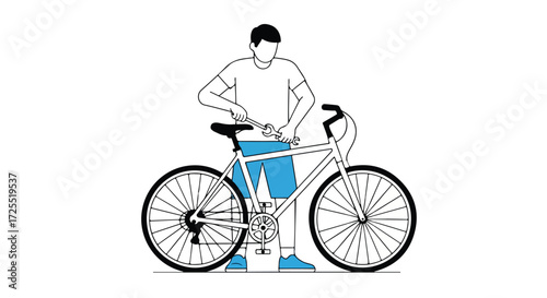 Illustration of a man repairing his bicycle, showcasing a simple line art design and the concept of bike maintenance and personal transportation