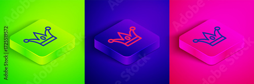 Isometric line Jester hat with bells isolated on green, blue and pink background. Clown icon. Amusement park funnyman sign. Square button. Vector