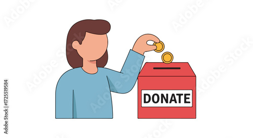Illustration depicting a woman contributing coins to a donation box, emphasizing charitable giving and community support for various causes and