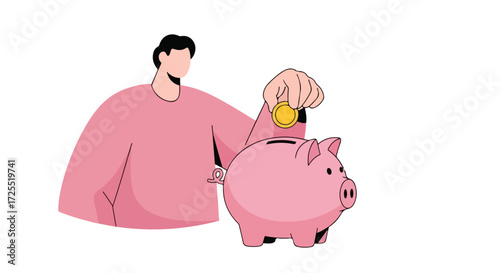 Illustration showcasing saving money,depicting a person adding coin into piggy bank for investment purposes with minimalist modern design concepts