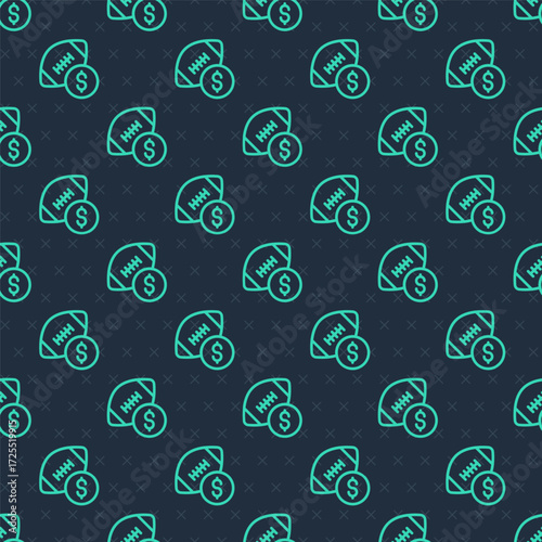 Green line American football betting money icon isolated seamless pattern on blue background. Football bet bookmaker. Soccer betting online make money. Vector