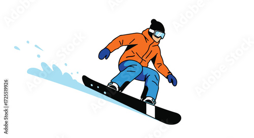 Stylish snowboarder carving through snow, vibrant colors and dynamic motion depict winter sport fun on the slopes