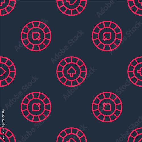 Red line Casino chips icon isolated seamless pattern on black background. Casino gambling. Vector