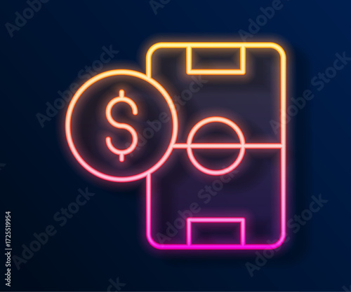 Glowing neon line Soccer football betting money icon isolated on black background. Football bet bookmaker. Soccer betting online make money. Vector
