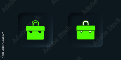Green Briefcase icon isolated on black background. Business case sign. Business portfolio. Black square button. Vector