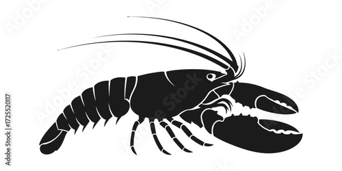 Black silhouette of a marine lobster with large claws, isolated on a white background