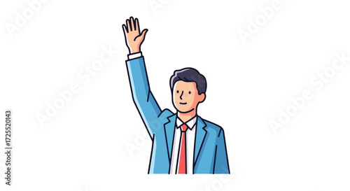 Illustrated businessman raising hand in a blue suit with a red tie, signaling for attention or volunteering for a job or task displayed on a white