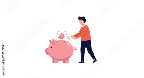 Man depositing coin into pink piggy bank illustrating personal savings and finance planning concept with isolated white background illustration