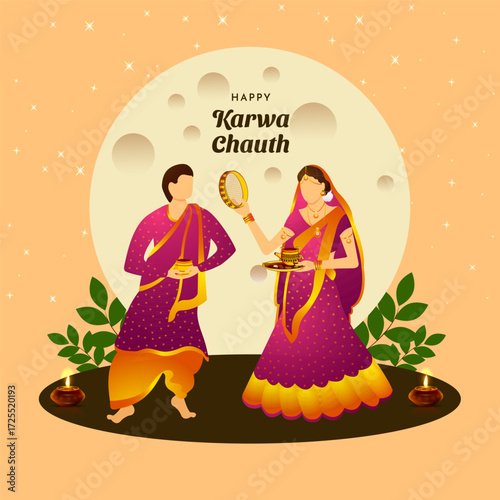 Karwa Chauth Married couple, women fating for her husband Indian festival celebration Poster, Banner or greeting card design Vector Illustration.