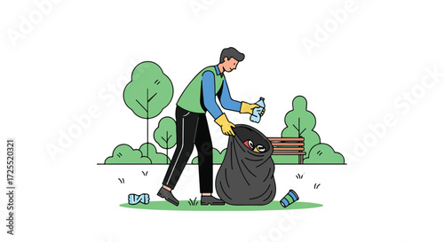Illustrated volunteer collecting trash in the park, promoting environmental cleanup efforts and community stewardship for a greener future
