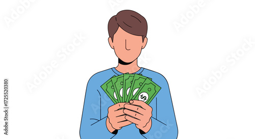 Faceless man holding fan of green money symbolizing financial success and prosperity in a minimalist cartoon style illustration isolated on white