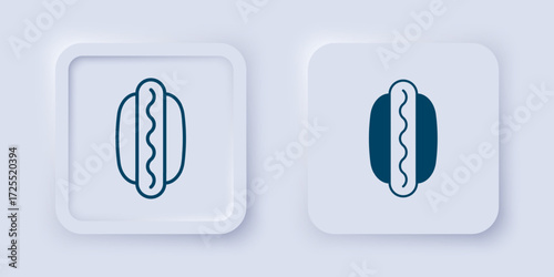 Filled and outline Hotdog sandwich with mustard icon isolated on grey background. Sausage icon. Fast food sign. Square button. Vector