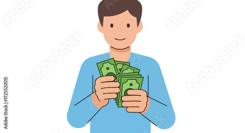 Cartoon illustration of a cheerful person holding a stack of green banknotes with confident expression and financial success, wealth illustration