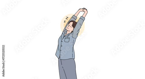 Illustration of a serene woman waking up stretching in her pajamas starting a new day with fresh energy and relaxation