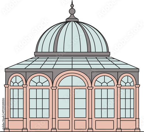Architectural drawing of an ornate conservatory with a domed roof and arched windows isolated on transparent background