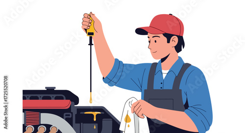 Automotive technician checking the engine oil level with dipstick in a garage or repair shop, illustrating vehicle maintenance and car care procedures