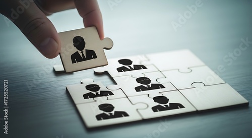 Hand placing puzzle piece with person icon into incomplete team formation business teamwork