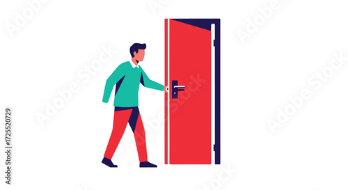 Minimalist illustration portraying a man approaching and preparing to open a vibrant red door signaling a fresh beginning or a decision point ready