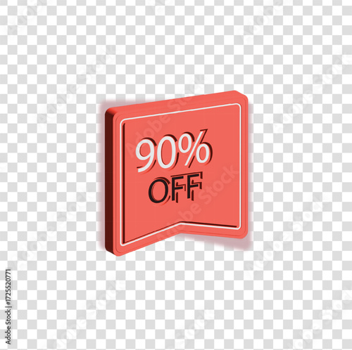 This PNG icon displays a red folded 3D label with the text “90% OFF,” ideal for emphasizing big discounts in medical products, pharmacy promotions, and online sales.