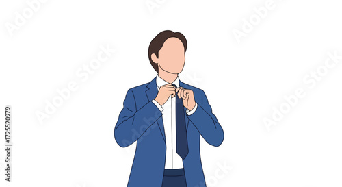 Stylized vector illustration of a faceless businessman in a blue suit adjusting his tie with a clean and professional aesthetic showcasing preparation