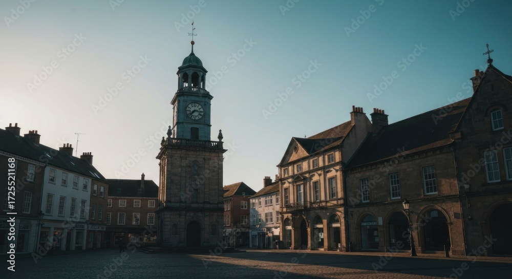 Fototapeta premium Sunlight on a historic town square, featuring a clock tower and older buildings
