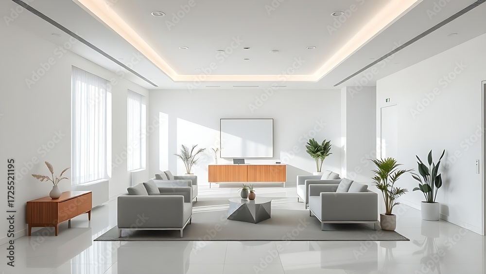 Fototapeta premium A minimalist office lobby featuring white walls and simple furnishings, filled with natural ambient light.