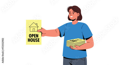 Real estate agent promoting open house event with flyer and holding yellow cards to attract potential buyers for property marketing and sales