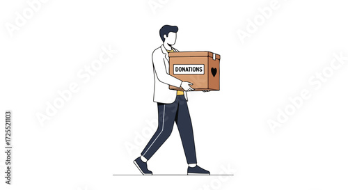 Volunteer carrying a donations box, emphasizing charity work and community support illustration vector with kindness and helping others
