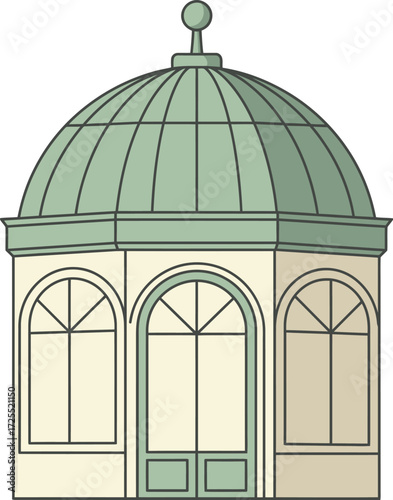 Elegant classical gazebo structure with green dome and arched windows architectural design isolated on transparent background