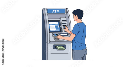 An illustration showcasing a young individual at an ATM using a credit card to withdraw money in cash transaction illustration