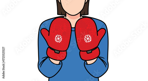 Illustrative figure showcasing red mittens with snowflake designs, suggesting cold-weather apparel and winter season  concept