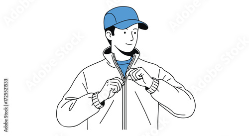 Line art of a confident young man in a baseball cap zipping up his lightweight jacket with an understated and subtle expression and minimal coloring