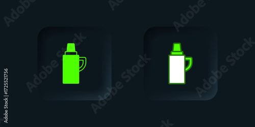 Green Thermos container icon isolated on black background. Thermo flask icon. Camping and hiking equipment. Black square button. Vector