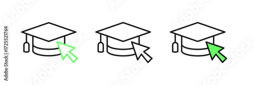 Set line Graduation cap with cursor icon isolated on white background. World education symbol. Online learning or e-learning concept. Vector