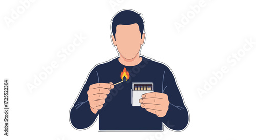 Illustration portraying a person striking a match, symbolizing ignition, risk, and the manipulation of fire within a domestic or controlled