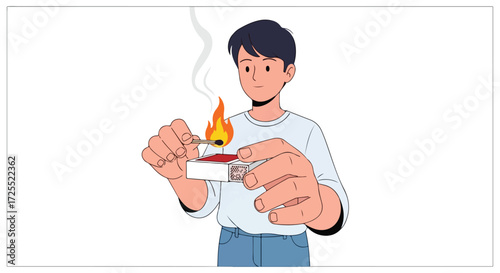 An artistic illustration depicting a young man striking a match, emphasizing safety and responsible fire use for various applications